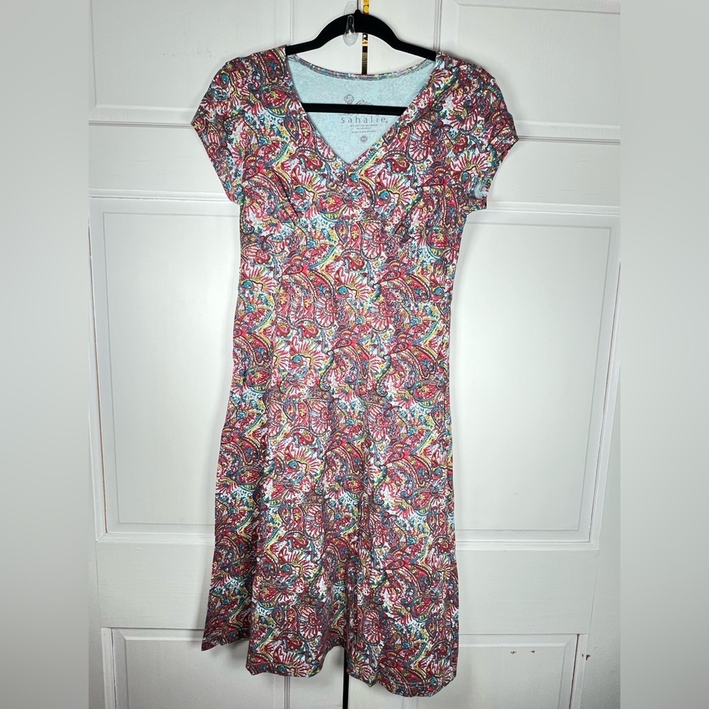 Sahalie Cap Sleeve Pullover V-Neck Midi Dress Women's Size XS Paisley Design - Picture 1 of 4